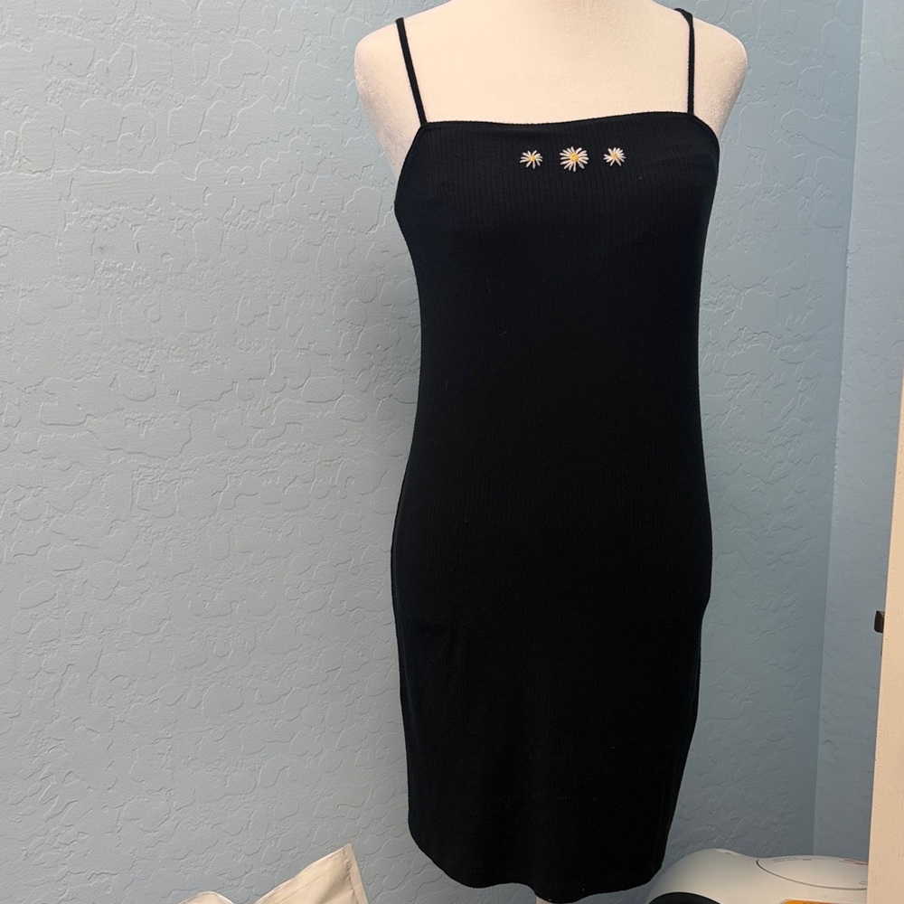 Hollister Black Ribbed Spaghetti-Strap Mini Dress with Daisy Embroidery